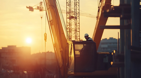 Construction crane operator working at a job site during sunset with multiple cranes visible in the background. (1477386196)