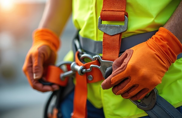 Construction worker wearing safety gloves and reflective vest adjusting a fall protection harness. (1507567538)