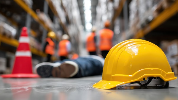 A yellow hard hat rests on the floor of a warehouse next to an orange cone, with a blurred person lying on the ground and other workers in safety vests rushing in the background. (1618062781)