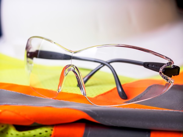 Clear protective safety glasses with black frames rest on a folded orange and yellow high-visibility safety vest. (60504033)