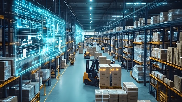 A female logistics manager in a high-tech facility uses a digital tablet to manage inventory, while an autonomous mobile robot (AMR) or robotic arm moves goods through a system of smart shelves and conveyors in the background. (938294358)