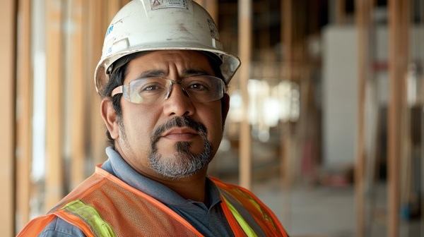 A New York male construction worker wearing a white hard hat, safety glasses, and a high-visibility orange vest on a job site with exposed wood framing in the background. (1262200065)