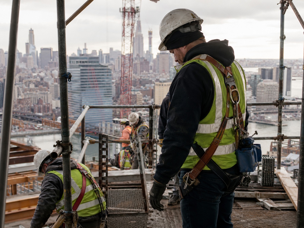 A construction worker wearing a white hard hat, safety vest, and fall protection harness stands on high-rise scaffolding overlooking a sprawling New York City skyline with a river and other workers in the background under an overcast sky.