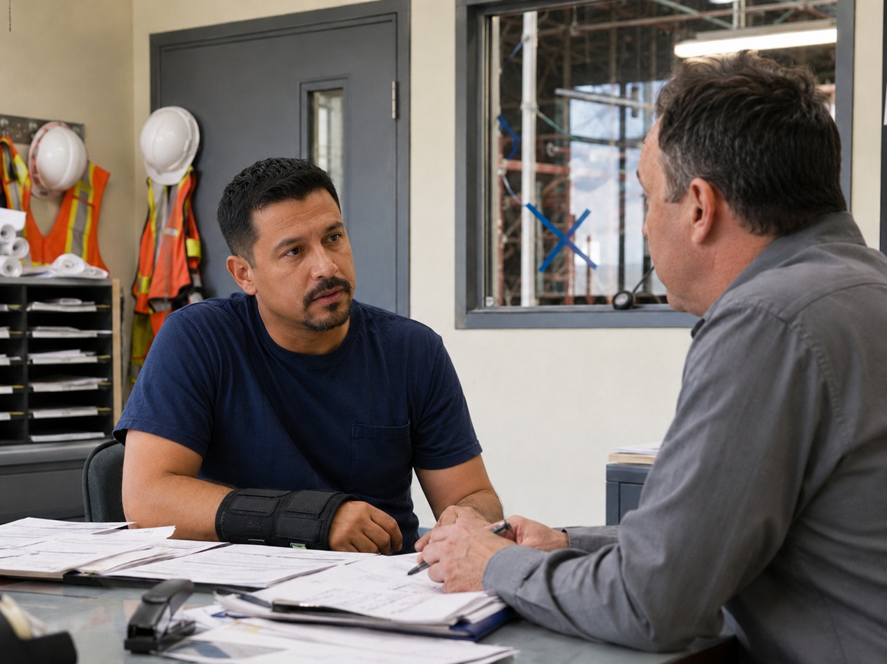 A construction worker wearing a wrist brace sits across a job site office desk from a supervisor holding a pen, with safety vests, hard hats, and scaffolding visible in the background, depicting a New York worker still recovering from an on-the-job injury being informed of a termination or adverse employment action while his workers' compensation claim is active.