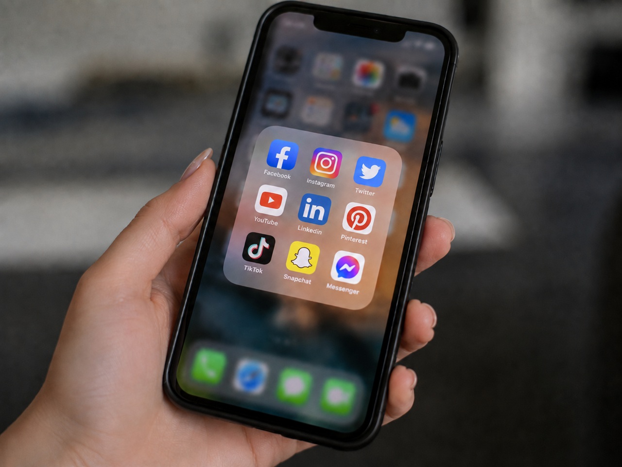 A person holding a smartphone displaying a folder of social media apps including Facebook, Instagram, TikTok, and Snapchat, illustrating the platforms at the center of lawsuits over social media related harm to users.
