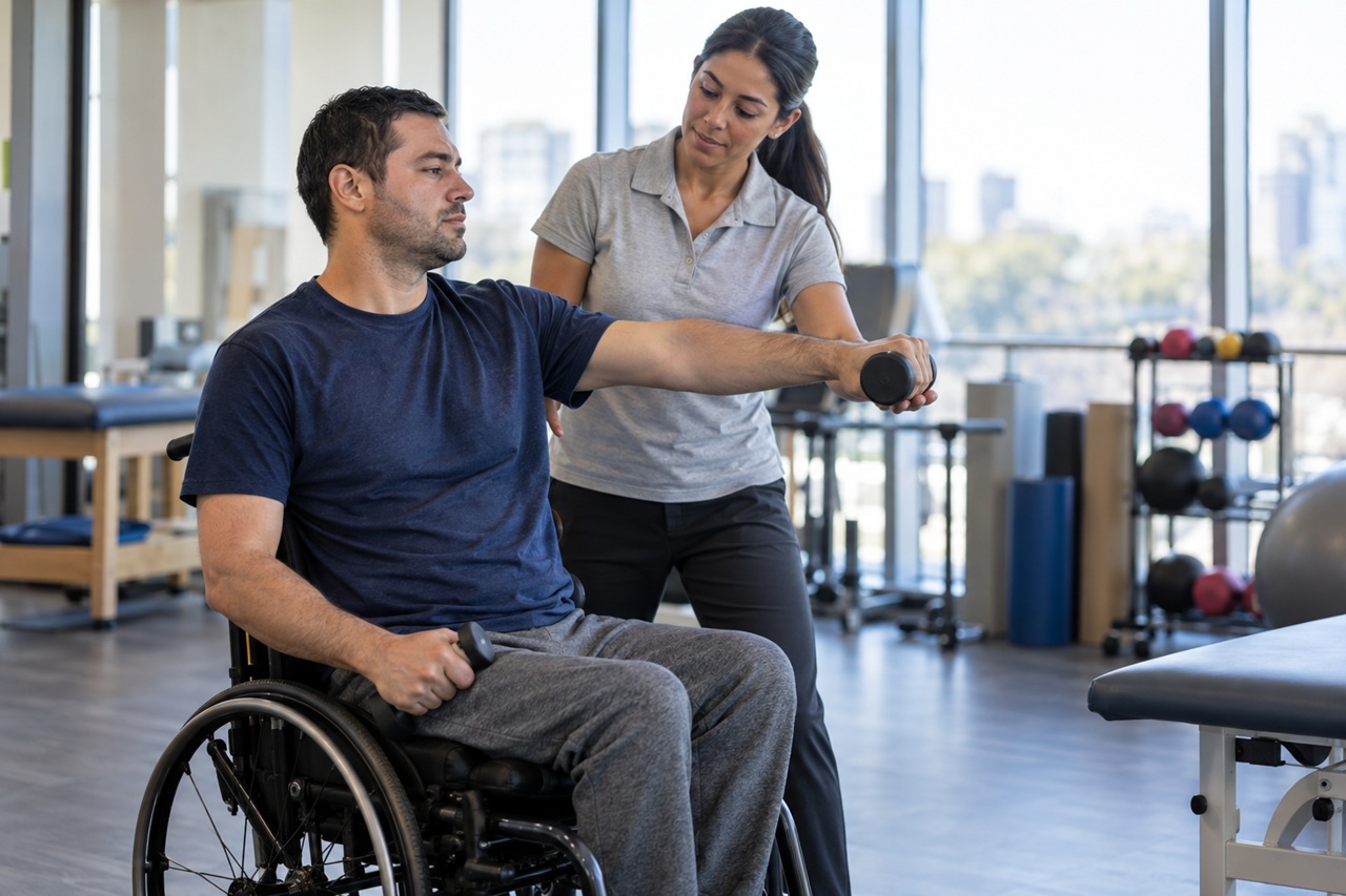 A wheelchair user doing supervised dumbbell exercises with a physical therapist at a New York rehabilitation gym, illustrating the lasting impairment considered in a permanent total disability spinal cord injury claim.