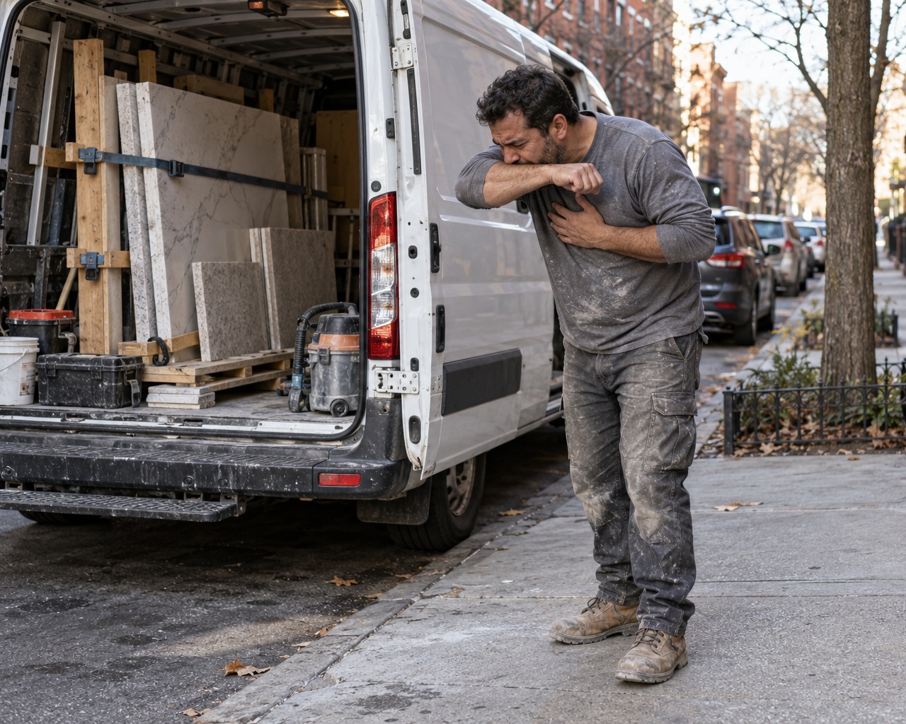 Countertop installer coughing into his elbow with a hand on his chest beside a work van carrying stone slabs on a Brooklyn sidewalk.